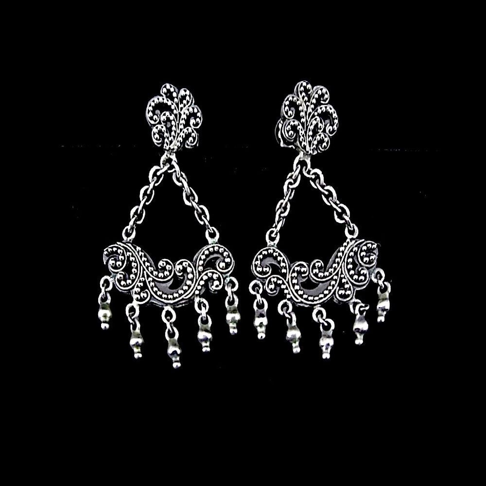 LOIS HILL Sterling Silver Chandelier Clip On Oxidized Granulated Accent Earrings